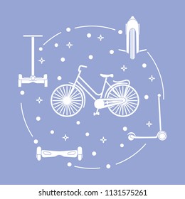 Modern means of transportation around the city. Bike, segway, mono-wheel, scooter, gyroscooter.