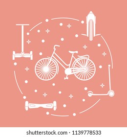 Modern means of transportation around the city. Bike, segway, mono-wheel, scooter, gyroscooter.