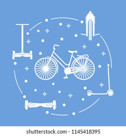 Modern means of transportation around the city. Bike, mono-wheel, scooter, self-balance, gyroscooter.