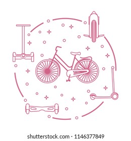 Modern means of transportation around the city. Bike, mono-wheel, scooter, self-balance, gyroscooter.