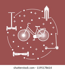 Modern means of transportation around the city. Bike, mono-wheel, scooter, self-balance, gyroscooter.