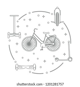 Modern means of transportation around the city. Bike, mono-wheel, scooter, self-balance, gyroscooter.