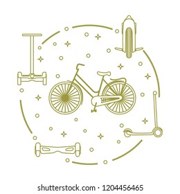 Modern means of transportation around the city. Bike, mono-wheel, scooter, self-balance, gyroscooter.