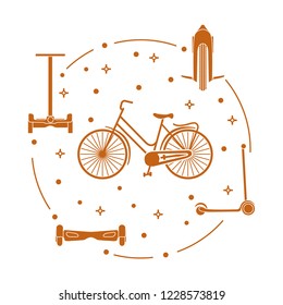 Modern means of transportation around the city. Bike, mono-wheel, scooter, self-balance, gyroscooter.