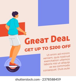 Modern means of transportation without harmful emissions at affordable price. Male character with unicycle driving on vehicle. Promotional banner or advertisement poster, vector in flat style