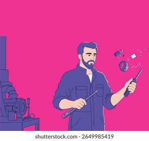 Modern mechanic in colorful uniform holding pliers and wrench.