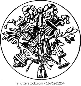A modern medallion by sculptor Lehr of Berlin with some musical instruments, leaves and decorative designs engraved on it, vintage line drawing or engraving illustration.