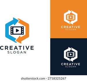 Logotipo de medios modernos con Botón de reproducción y tira de película: ícono de marca creativa en variantes azul, naranja y blanco