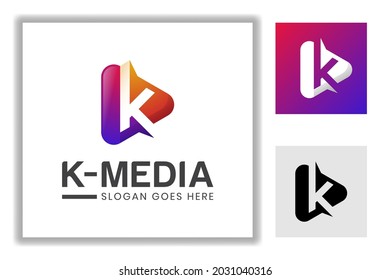 modern media play icon with letter K for multimedia, studio music logo template