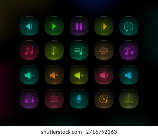 Modern media player button icon set with glowing glassmorphism effect. Rounded UI icons for music apps, audio players, streaming platforms, and dark mode interfaces