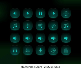 Modern media player button icon set with glowing cyan glassmorphism effect. Rounded UI icons for music apps, audio players, streaming platforms, and dark mode interfaces