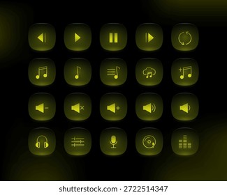 Modern media player button icon set with glowing yellow glassmorphism effect. Rounded UI icons for music apps, audio players, streaming platforms, and dark mode interfaces