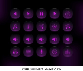 Conjunto de iconos de Botón de reproductor multimedia moderno con efecto de morfismo de vidrio rosa brillante. Iconos de interfaz de usuario redondeados para App de música, reproductores de audio, plataformas de transmisión e interfaces de modo oscuro