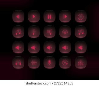 Modern media player button icon set with glowing red glassmorphism effect. Rounded UI icons for music apps, audio players, streaming platforms, and dark mode interfaces