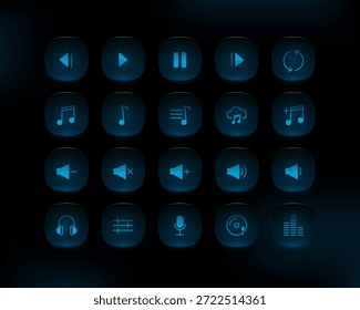 Modern media player button icon set with glowing blue glassmorphism effect. Rounded UI icons for music apps, audio players, streaming platforms, and dark mode interfaces