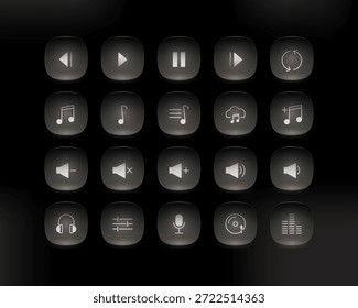 Modernes Media Player-Symbol mit glühendem weißen Glasmorphismus-Effekt. Abgerundete Benutzeroberflächensymbole für Musik-Apps, Audio-Player, Streaming-Plattformen und Dark-Mode-Schnittstellen