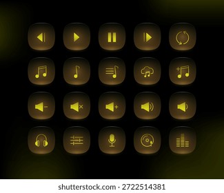 Modern media player button icon set with glowing orange glassmorphism effect. Rounded UI icons for music apps, audio players, streaming platforms, and dark mode interfaces