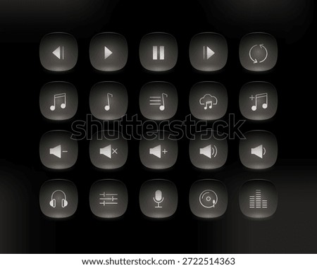 Modern media player button icon set with glowing white glassmorphism effect. Rounded UI icons for music apps, audio players, streaming platforms, and dark mode interfaces