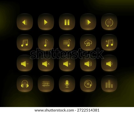 Modern media player button icon set with glowing orange glassmorphism effect. Rounded UI icons for music apps, audio players, streaming platforms, and dark mode interfaces