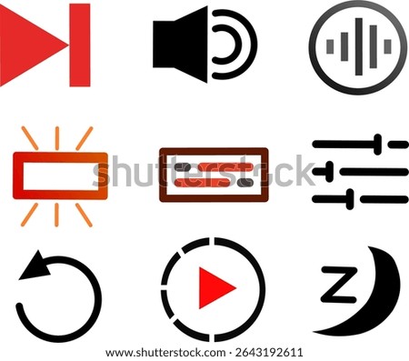 Modern Media Player User Interface Vector Icons Set, Audio Video Control Icons Collection, Basic UI Vector Icons for Web and App