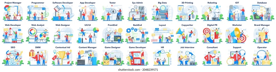 Modern IT or media profession set. Programmer write software and create code for website and application. IT company innovation, management and marketing department. Flat vector illustration.