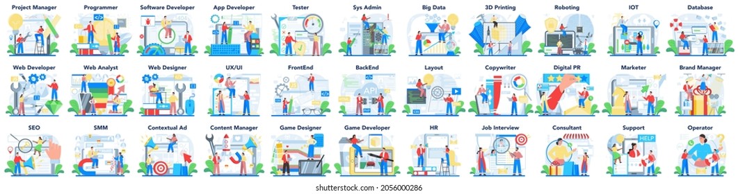 Modern IT or media profession set. Programmer write software and create code for website and application. IT company innovation, management and marketing department. Flat vector illustration.