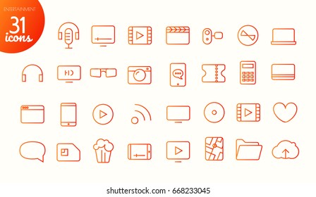 Modern media web and mobile app thin line icons collection. Entertainment