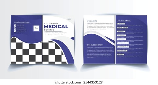 Plantilla de diseño de folleto médico bifold moderno. Profesional y creativo tamaño A4 revista de salud lista para imprimir. Médico, hospital, clínica, negocio, comercialización, promoción y Vector