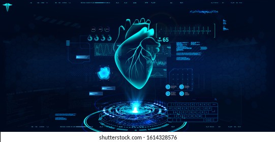 Modern medical cardiology technology. Medical interface for monitoring the scanning and analysis of heart disease. Healthcare concept. Hologram heart with interface, ultrasound and cardiogram. Vector