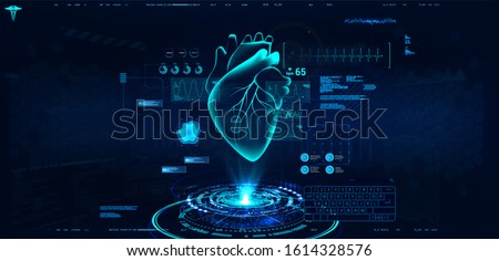 Modern medical cardiology technology. Medical interface for monitoring the scanning and analysis of heart disease. Healthcare concept. Hologram heart with interface, ultrasound and cardiogram. Vector