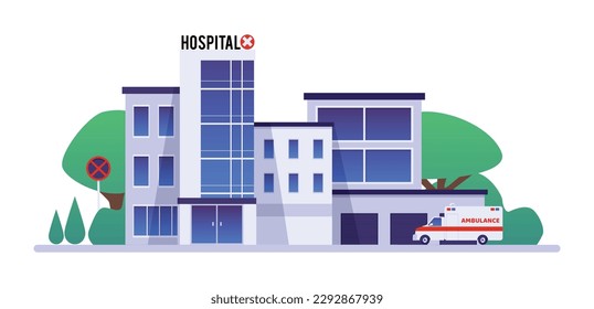 Modern medical center hospital, complex of clinic buildings for outpatient treatment and medical care, flat vector illustration isolated on white background.