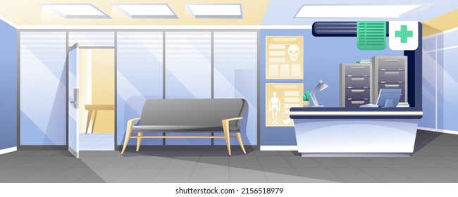 Modern medical clinic. Doctor office, patient seats, reception desk and appointments. Interior design and furniture of empty medical institution horizontal background. Vector illustration