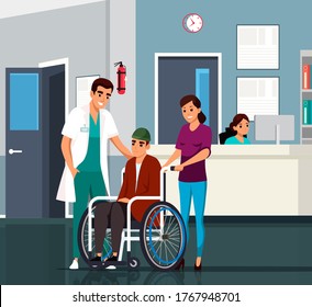 Modern medical clinic. Doctor therapist and nurse with disabled person in wheelchair. Medical staff at reception hall interior. Accessibility for handicapped person. Vector character illustration