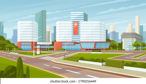 Modern Medical Clinic. Hospital Building Exterior With City Landscape And Green Lawns Vector. Modern Clinic Multi-storey Structure With Cityscape Panoramic View. Healthcare Construction Urban Design
