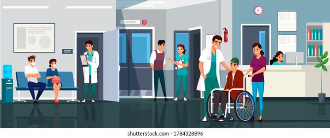 Modern medical clinic. Masked patients waiting doctor consultation. Nurse and therapist with disabled person in wheelchair. Medical staff at reception hall interior. Vector character illustration