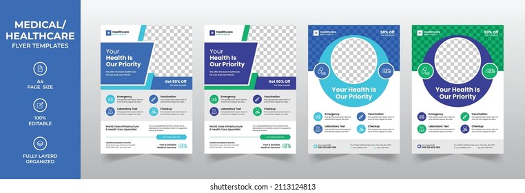 Modern medical corporate healthcare a4 flyer design or creative hospital business brochure cover template with Blue, Green Elements