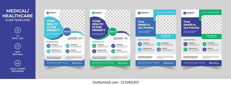 Modern Medical Corporate Healthcare A4 Flyer Design Or Creative Hospital Business Brochure Cover Template With Blue, Green Elements