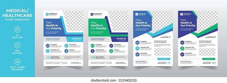 Modern Medical Corporate Healthcare A4 Flyer Design Or Creative Hospital Business Brochure Cover Template With Blue, Green Elements