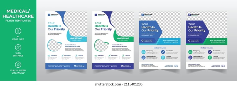 Modern Medical Corporate Healthcare A4 Flyer Design Or Creative Hospital Business Brochure Cover Template With Blue, Green Elements