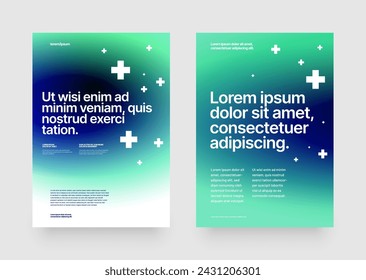 A modern medical cover design in electric blue and green with message, suitable for health care program advertising. Abstract fluid gradient with graphics and multimedia elements.