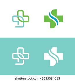 Modern Medical Cross Logo Set with Leaf and Wave Elements – Healthcare