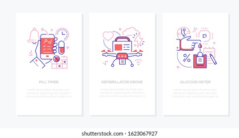 Modern Medical Digital Devices - Vector Line Design Style Banners Set With Place For Text. Pill Timer, Defibrillator Drone, Glucose Meter. Mobile Apps For Taking Medicine, Emergency, Diabetes Control