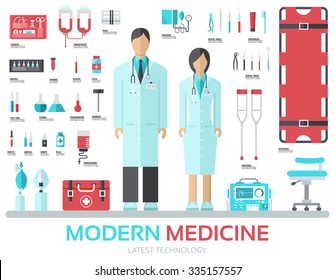 Modern Medical Equipment In Flat Design Background Concept. Infographic Elements Set With Doctor And Nurse Around Medicine Tools. Icons For Your Product Or Illustration, Web And Mobile Applications.