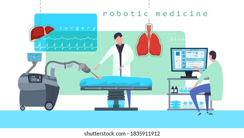 Modern medical equipment. Robotic hand. Surgical robot. Future medicine. Healthcare design. Artificial intelligence. Editable vector illustration in cartoon flat style isolated on a white background