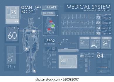 Modern medical examination in HUD style design. Ultrasound and cardiogram. Futuristic Medical Interface, virtual graphic touch UI with illustration of Heart Scan, Human Body and Electrocardiogram.