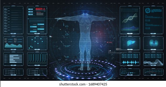 Modern medical examination HUD, UI, GUI style. Human body scan  Anatomy, ECG monitor, Dna formula. element medical examination. Display set virtual interface elements. Modern medical examination style