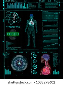 Modern medical examination, style HUD. A futuristic medical infographics, a virtual body scanning interface with heart, human body and electrocardiogram illustrations. Futuristic user interface