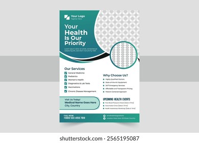 Modern medical flyer design with clean layout, professional style, and vibrant colors. Perfect for healthcare clinics, hospitals, or wellness centers. Includes space for images, services, and contact 