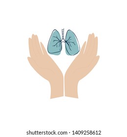 Modern medical hand drawn vector illustration. Human organs. Two huge hands hold a lung. The latest bioengineering technologies for creating viable organs for transplantation. Concept of healthcare