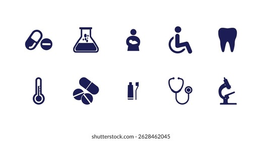 Modern medical and health icons collection featuring healthcare, hospital, wellness, diagnostics, medicine, treatment, and emergency symbols for web and mobile design